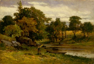 Namnlöst landskap, båt förtöjd nära ström, man går i förgrunden, 1879.