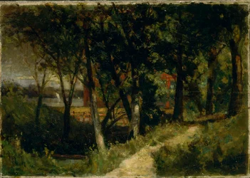 Namnlöst landskap, skogsscen med rött staket och byggnad, 1893.