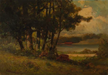 Namnlöst landskap med kor som betar nära floden, 1891.