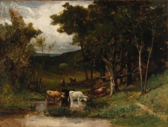 Namnlöst landskap med kor i bäck nära träd, 1882.