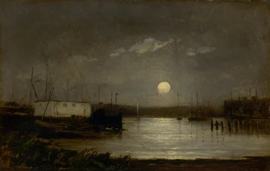 Namnlös måne över en hamn, kajscen med fullmåne och master av båtar, ca. 1868.