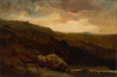 Namnlöst bergslandskap med sten och bäck i förgrunden, n.d.