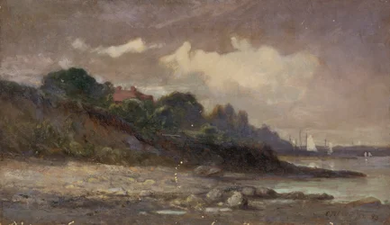 Namnlös strandlinje med segelbåtar och tak, 1893.