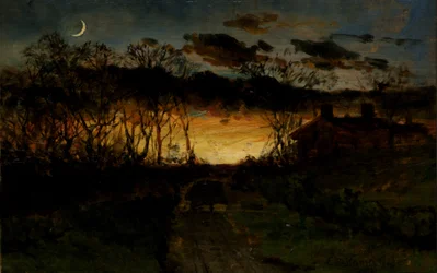Namnlös solnedgång med kvartsmåne och bondgård, 1883.