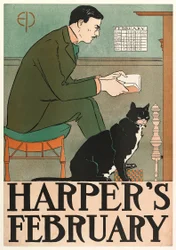 Affisch som annonserar Harpers New Monthly Magazine, februari 1898