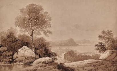 Landskap med sjö och stuga