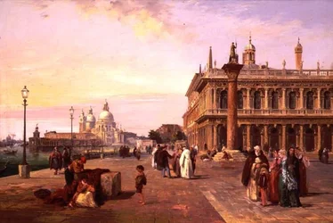 Figurer på Piazzetta, Venedig med, Salute bortom