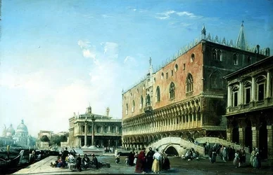 Piazzetta, Venedig, med många figurer vid Dogepalatset (olja på duk)