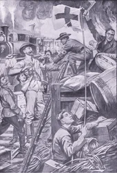 Falsk ambulansman förstör butiker vid Komati Foort under täckmantel av Röda Korsets flagga, illustration från After Pretoria: The Guerilla War, 1902