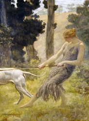 Kvinna som går med sin hund (tempera ombord)