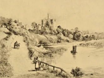 The Coquet: Warkworth Castle från vägen till Amble, ca 1880 (etsning)