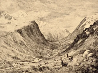 The Highland Dee: Meeting of Garchary och Larig Burns, ca 1880 (etsning)