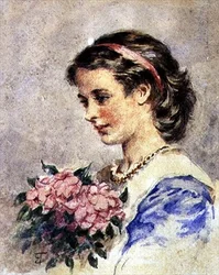Ung flicka med en knippe rosa blommor (akvarell över blyerts på papper)