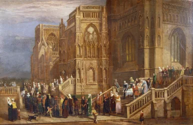 En procession av pilgrimer utanför St Mary Redcliffe, ca 1825-30 (olja på panel)