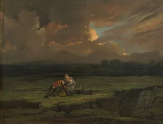 En soldat och hans fru och barn i ett stormigt landskap