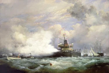 HM Turret Ship "Devastation" vid Spithead i samband med den marina genomgången till Shahen av Persiens ära, 23 juni 1873