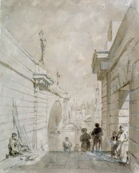 London Bridge blickar norrut från den övre trappavsatsen nära Tooley Street, 1833