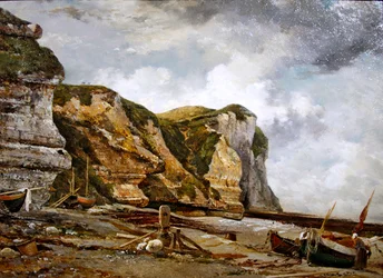 Stenar vid lågvatten med West Falaise (Etretat-klippor och båtar)
