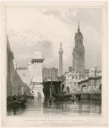 Steps of New London Bridge, St Magnus, monumentet och en del av Old Bridge