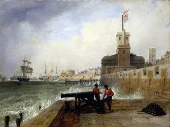 Semafortornet vid inloppet till hamnen i Portsmouth (England), på Salvation Platform, med två soldater sittande på muren bredvid en kanon, i bakgrunden, beskrivning av staden och piren med det runda tornet