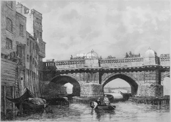 Southwark End of Old London Bridge, 1831, 1912. Konstnärer: Okänd, Edward William Cooke.