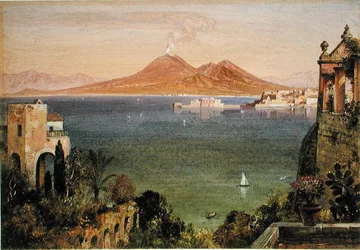 Vesuvius och Castel del Oro, Neapel, sett från Villa Cedrino, Posillipo (olja på papper ombord)