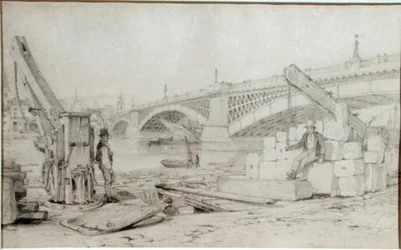 Utsikt över Southwark Bridge och Themsen från Bankside, med två borrtorn i förgrunden