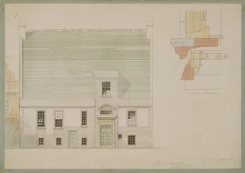 Framförhöjning av huset för J.A.M. Whistler Esq, Tite Street, Chelsea, 1877 (penna och bläck och wc på papper) (se även 176476)