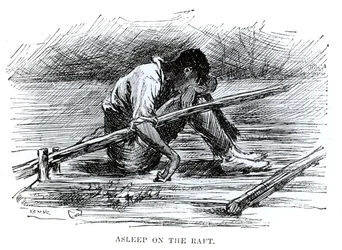 Sova på flotten, illustration från "The Adventures of Huckleberry Finn", av Mark Twain (1835-1910) 1884 (gravyr) (s/v foto)