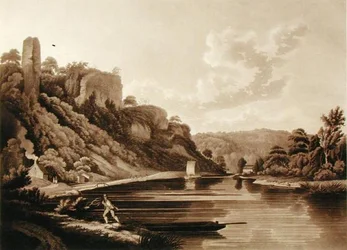 View of the New Weir on the River Wye, skylt 11 från Views of the River Wye, graverad av F. Jukes, 1800 (akvatint)
