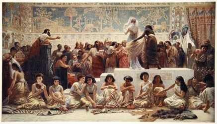 Den babyloniska äktenskapsmarknaden, illustration från "Myths of Babylonia and Assyria" av Donald A. Makenzie
