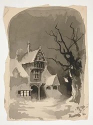 En vinterscen: Hus i snön (recto); Diverse figurstudier (verso)