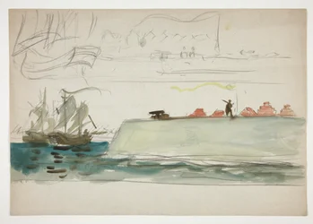 Båtar till sjöss: slagskepps förgrund, segelbåt på avstånd - (oidentifierad illustration)