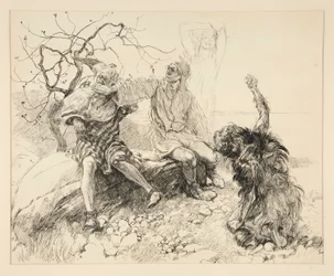 Caliban, Stephano och Trinculo (Ariel osynlig), illustration för akt II, Scene II, The Tempest