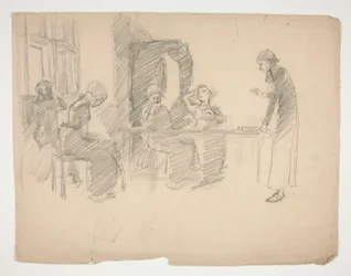 Tidig studie för Stony Ground 1884, interiör med figurer