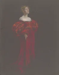 Kvinnlig figur i blått och rosa.