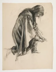 Figurstudie för Sir Lancelot och Sir Bors outfit Galahad med hans sporrar (?), från The Quest of the Holy Grail (andra i en serie av femton målningar för Boston Public Library, färdigställd 1901)