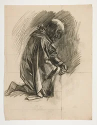 Figurstudie för Sir Lancelot och Sir Bors outfit Galahad med hans sporrar, från The Quest of the Holy Grail (andra i en serie av femton målningar för Boston Public Library, färdigställd 1901)