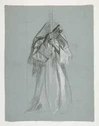 Figurstudie för Sir Lancelot och Sir Bors outfit Galahad med hans sporrar, från The Quest of the Holy Grail (andra i en serie av femton målningar för Boston Public Library, färdigställd 1901)