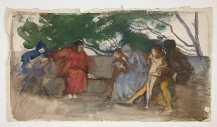 Figurer som sitter längs en utomhusbänk