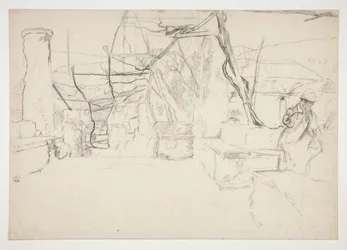 Figurer som går bland gamla ruiner(?) - (oidentifierad illustration)