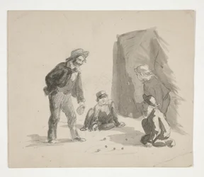 Fyra pojkar som spelar kulor (recto); Oidentifierad illustration av pojken vid staffli i interiören (verso)