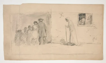 Grupp av figurer utanför stenhus - oidentifierad illustration