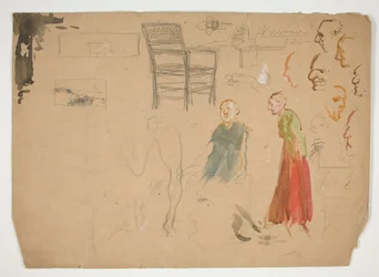 Huvud- och figurstudier och studie av en stol (recto); Skisser för bokillustrationer (verso)