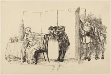 Illustration till Goldsmiths She Stoops to Conquer: "Här, bakom denna skärm"