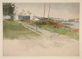 Landskap med figur som går längs en stig, vatten på avstånd