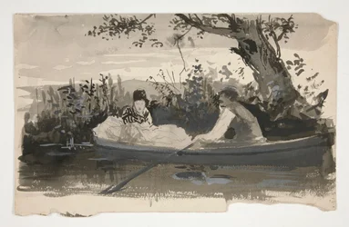 Man och kvinna i roddbåt, nära flodstranden - oidentifierad illustration