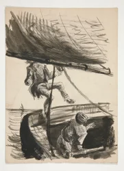 Man som slås överbord av bommen på segelbåten (recto); Oidentifierad illustration av pojke lysande man