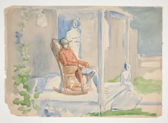 Man i gungstol på verandan med sin fru och sitt barn - oidentifierad illustration