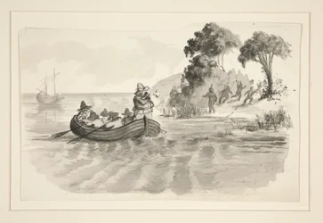 Män i roddbåt som flyr från indianer på stranden - oidentifierad illustration (Columbus upptäcker den nya världen?) - upptäcktsresande som landar i den nya världen
